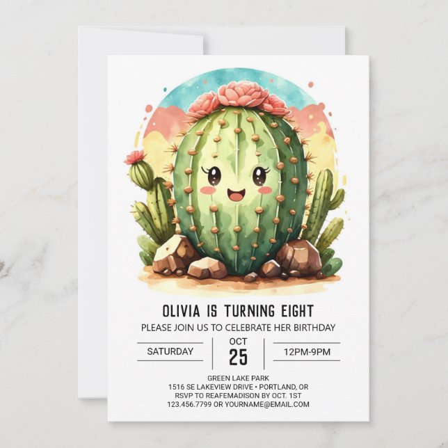 Pastel Desert Happy Cactus Girl Birthday Einladung (Vorderseite)