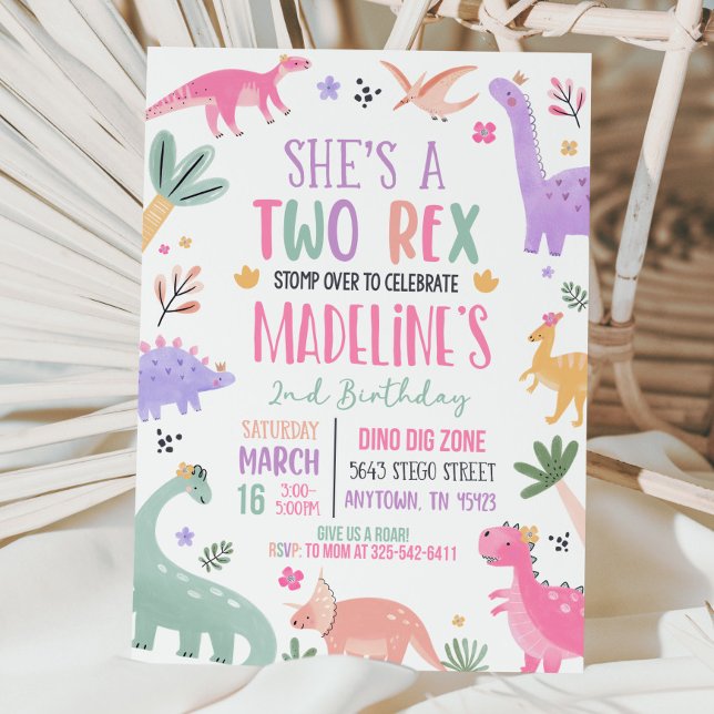 Pastel Dinosaur 2e Invitation Anniversaire Fille D (Créateur téléchargé)