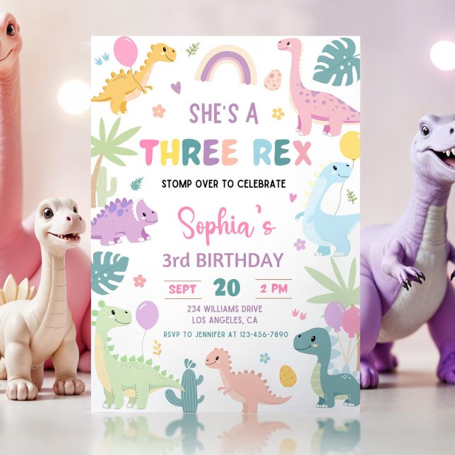 Pastel Dinosaur Birthday Dino Girl Drei Party Rex Einladung (Von Creator hochgeladen)