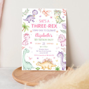Pastel-Dinosaurier drei Rex-Mädchen 3. Geburtstag Einladung