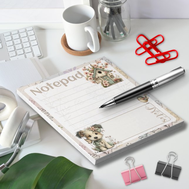 Pastel Dog & Floral – Birdhouse Spring Design Notizblock (Von Creator hochgeladen)