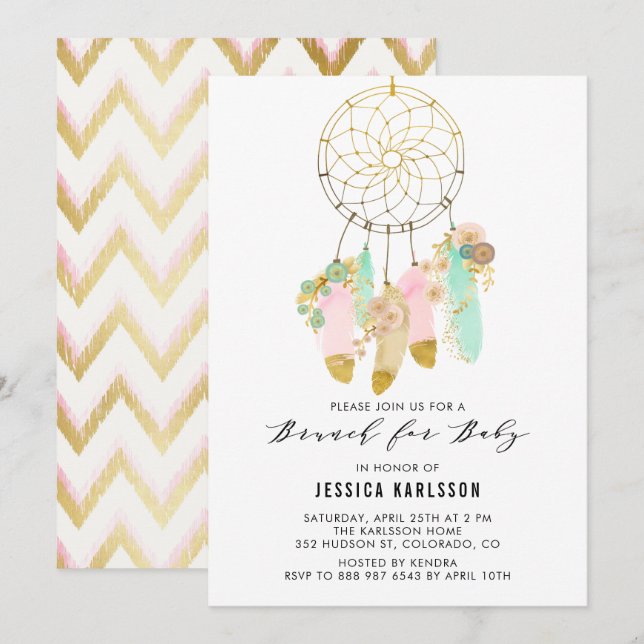 Pastel Dreamcatcher Gold Foil Babydusche Brunch Einladung (Vorne/Hinten)