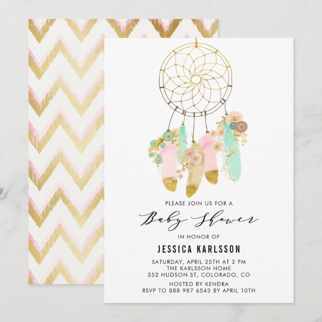 Pastel Dreamcatcher Imitate Gold Foil Kinderdusche Einladung (Vorne/Hinten)