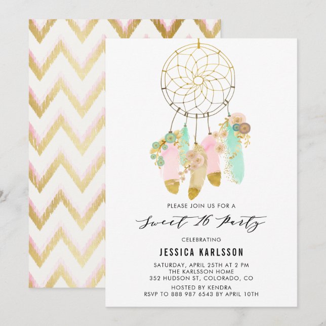 Pastel Dreamcatcher Imitate Gold Foil Sweet 16 Par Einladung (Vorne/Hinten)