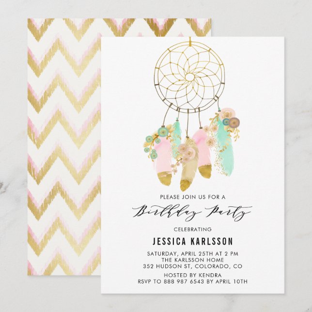 Pastel Dreamcatcher Imitate Goldene Frische Pasta  Einladung (Vorne/Hinten)