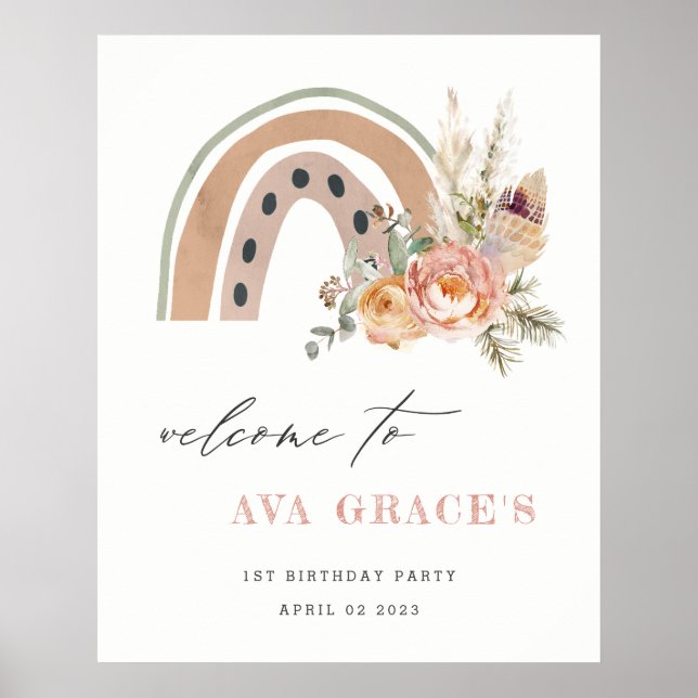 Pastel Dusky Boho Floral Rainbow Birthday Willkomm Poster (Vorne)