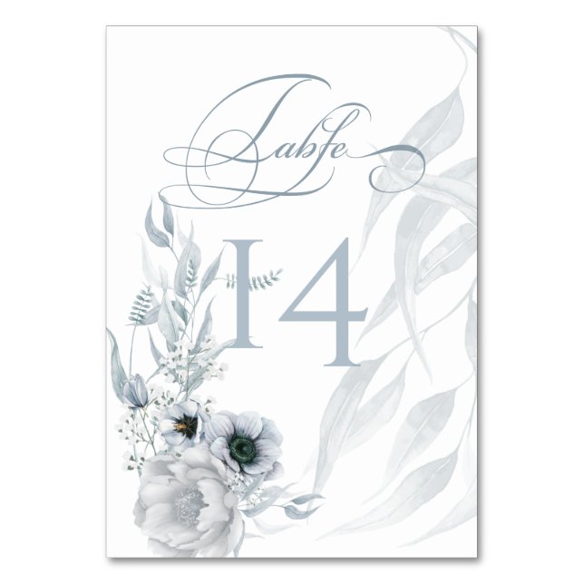 Pastel Dusty Blue Cream Watercolor Floral Tischnummer (Vorderseite)