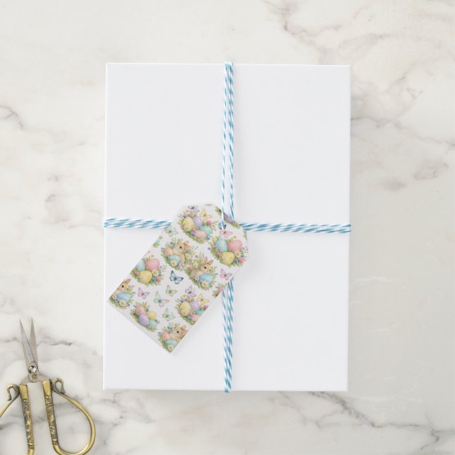 Pastel Easter Eggs & Bunnies Flowers & Butterflies Geschenkanhänger (Mit Garn)