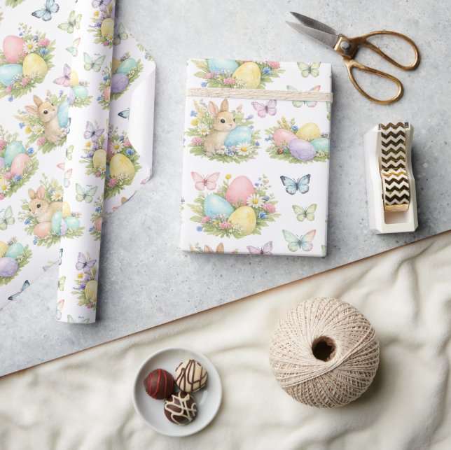 Pastel Easter Eggs & Bunnies Flowers & Butterflies Geschenkpapier (Kunsthandwerk)