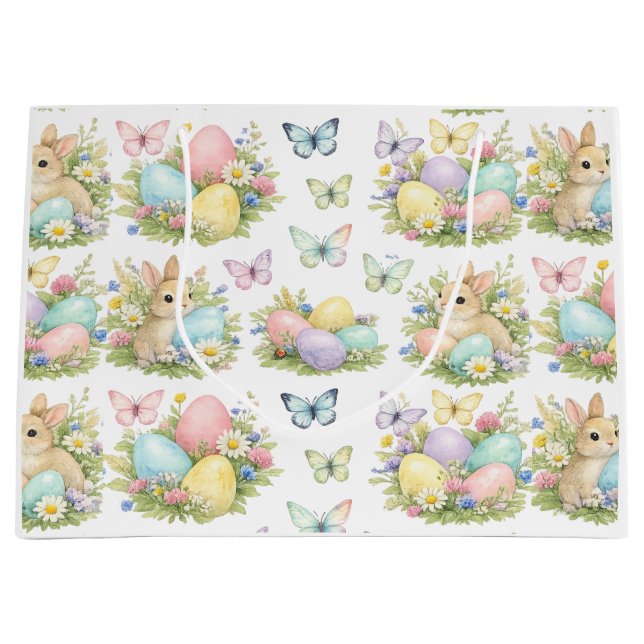 Pastel Easter Eggs & Bunnies Flowers & Butterflies Große Geschenktüte (Vorderseite)