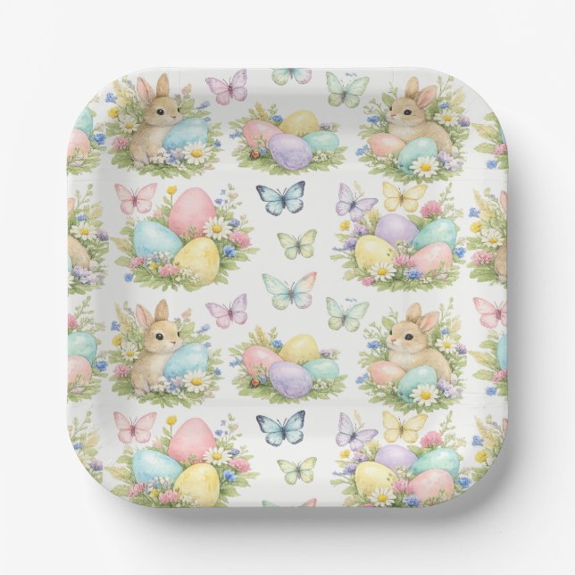 Pastel Easter Eggs & Bunnies Flowers & Butterflies Pappteller (Vorderseite)