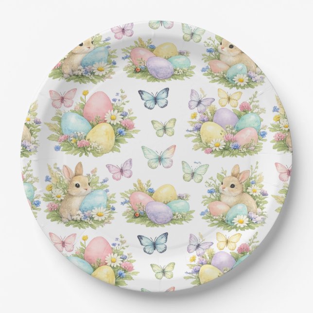 Pastel Easter Eggs & Bunnies Flowers & Butterflies Pappteller (Vorderseite)