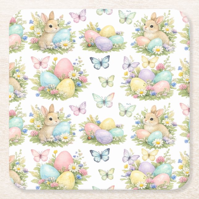 Pastel Easter Eggs & Bunnies Flowers & Butterflies Rechteckiger Pappuntersetzer (Vorderseite)