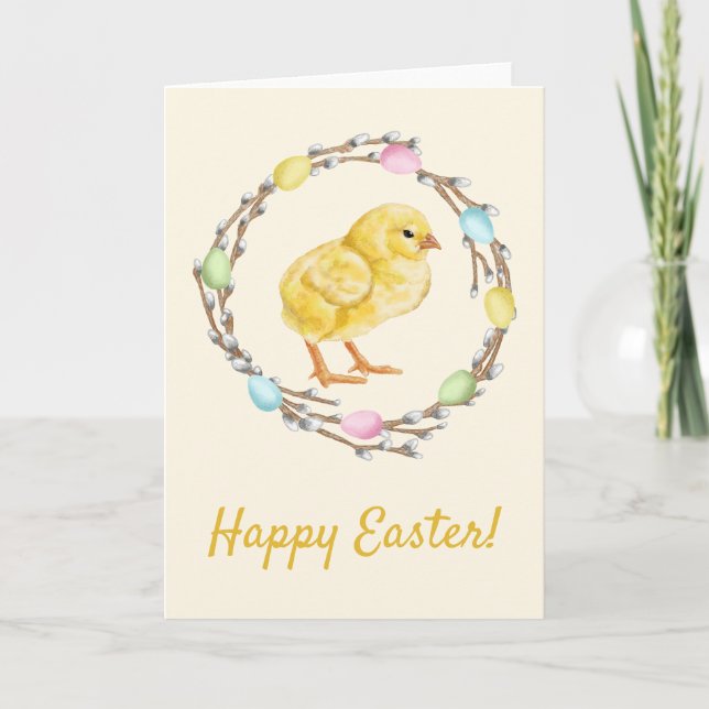 Pastel Easter Willow Wreath With Baby Chick Karte (Vorderseite)