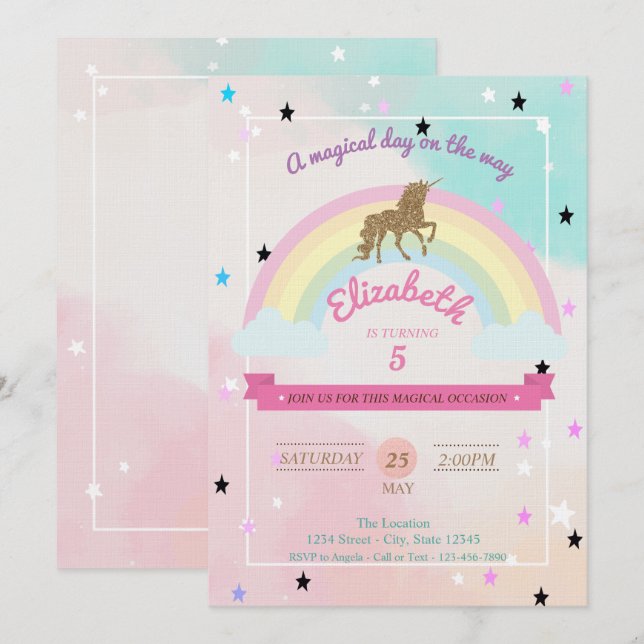 Pastel, Einhorn, Regenbogenstars Einladung zum Geb (Vorne/Hinten)