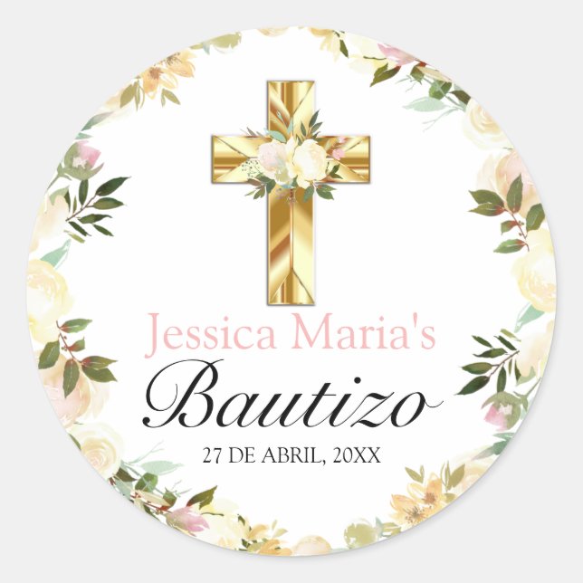 Pastel Elegante Bautizo Amarillo Runder Aufkleber (Vorderseite)
