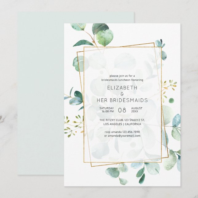 Pastel Eucalyptus Geometric Bridesmaids Luncheon Einladung (Vorne/Hinten)