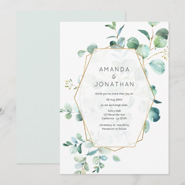 Pastel Eucalyptus Geometric Greenerity Wedding Einladung (Vorne/Hinten)