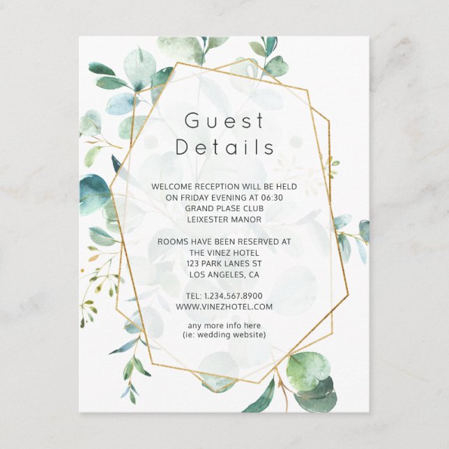 Pastel Eucalyptus Geometric Wedding Guest Details Begleitkarte (Vorderseite)