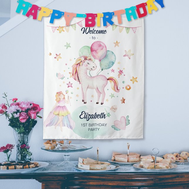 Pastel Fairy Balloon Unicorn Girl Birthday Willkom Wandteppich (Pastel Fairy Balloon Unicorn Girl Birthday Welcome Tapestry)