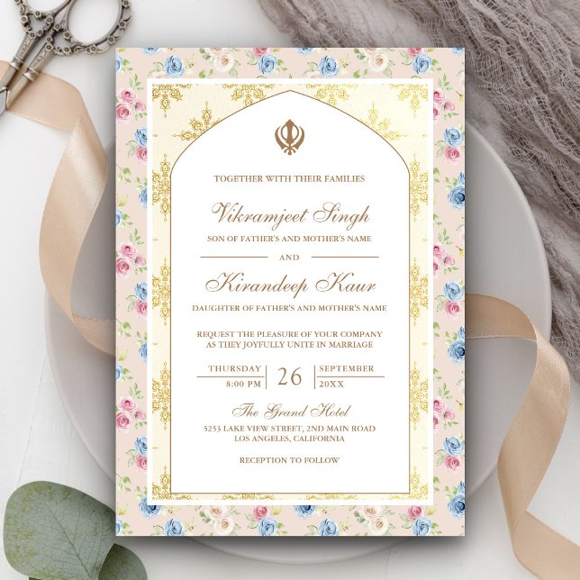 Pastel Floral Anand Karaj Punjabi Sikh Wedding Einladung (Von Creator hochgeladen)