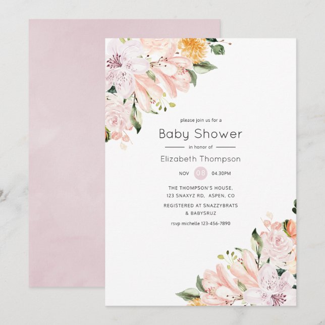 Pastel Floral Baby Dusche Einladung (Vorne/Hinten)