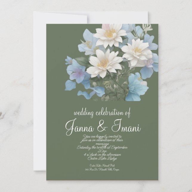 pastel floral bleu faire-part de mariage (Devant)