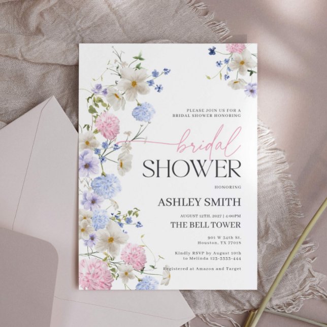 Pastel Floral Bridal Dusche Einladung (floral pastel bridal shower invitation with blush and purple flowers)