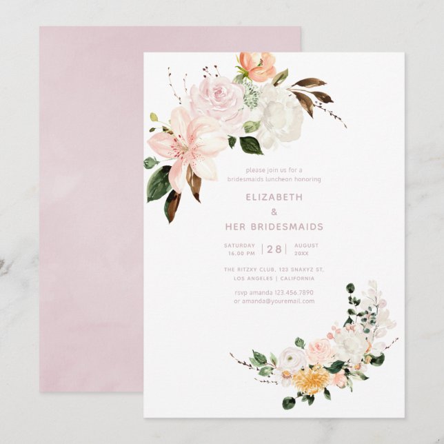 Pastel Floral Bridesmaids Luncheon Einladung (Vorne/Hinten)