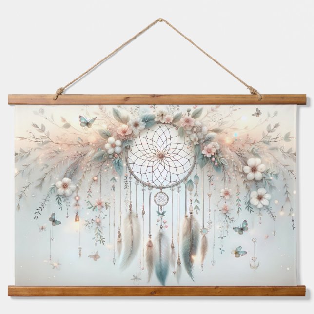 Pastel Floral Butterfly Dreamcatcher Wandteppich Mit Holzrahmen (Vorne)