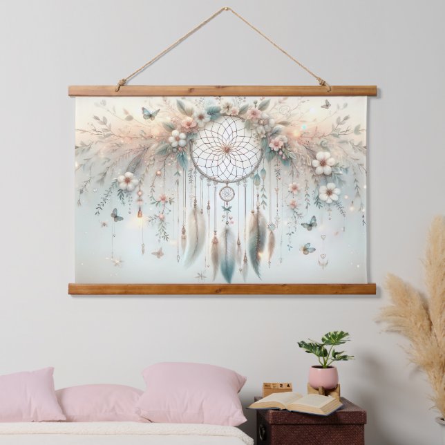 Pastel Floral Butterfly Dreamcatcher Wandteppich Mit Holzrahmen (Schlafzimmer)