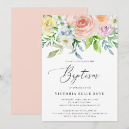 Pastel Floral Coral Peach Baby Girl Taufen Einladung