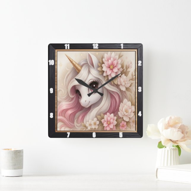 Pastel Floral Dreamy Unicorn Quadratische Wanduhr (Zuhause)