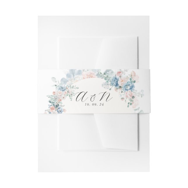 Pastel Floral Dusty Blue Peach Monogram Wedding Einladungsbanderole (Vorderseite Beispiel)