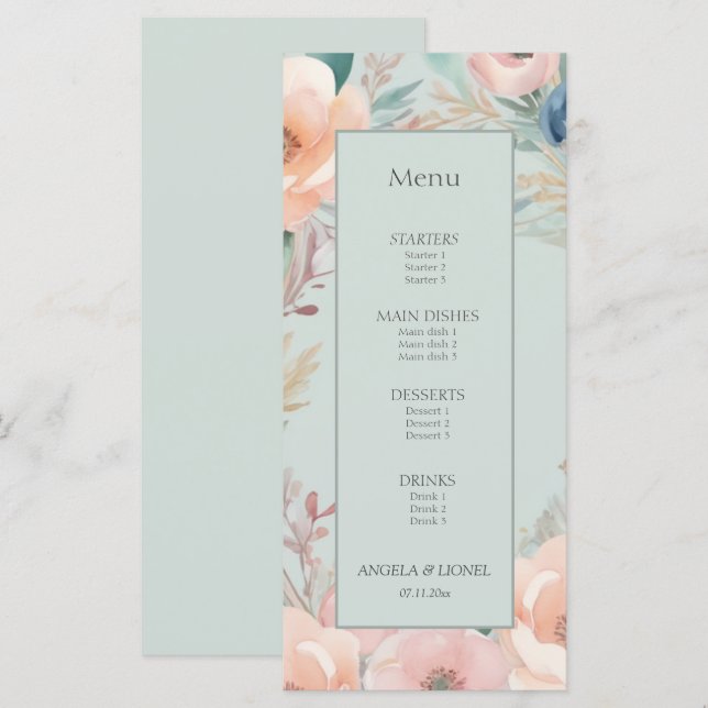 Pastel Floral Elegance Wedding Menükarte (Vorne/Hinten)