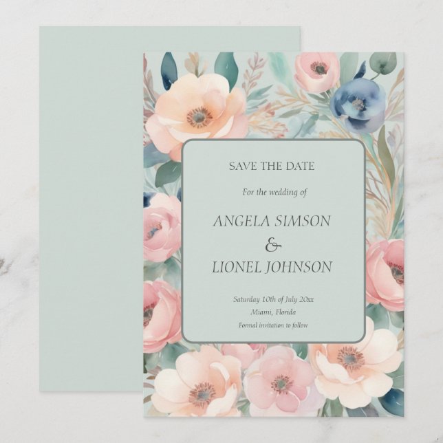 Pastel Floral Elegance Wedding Save The Date (Vorne/Hinten)