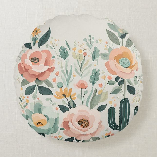 Pastel Floral Fiesta Rundes Kissen (Vorderseite)