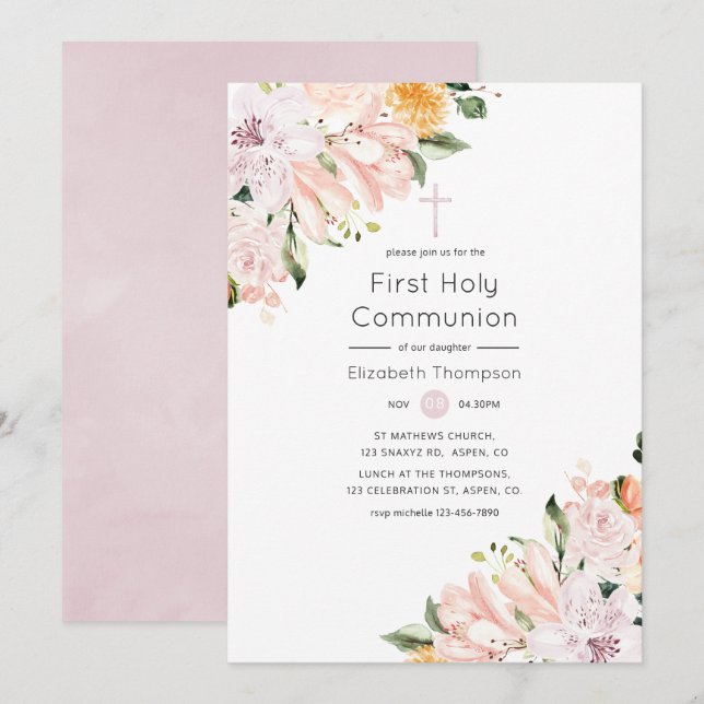 Pastel Floral First Holy Communion Einladung (Vorne/Hinten)