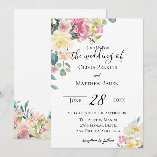 Pastel Floral Garden Invitation de mariage (Devant / Derrière)