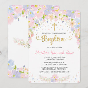 Pastel Floral Girl Baptême Christening Invitation