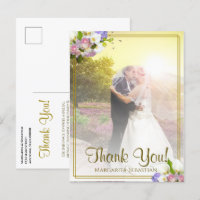 Pastel Floral Gold Frame Wedding Thank You Photo