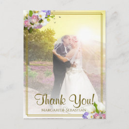 Pastel Floral Gold Frame Wedding Thank You Photo Postkarte