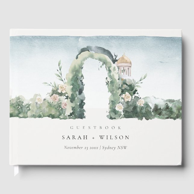 Pastel Floral Green Garden Arch Botanische Hochzei Gästebuch (Vorderseite)