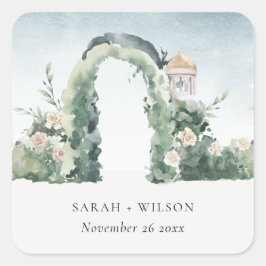 Pastel Floral Green Garden Arch Botanische Hochzei Quadratischer Aufkleber