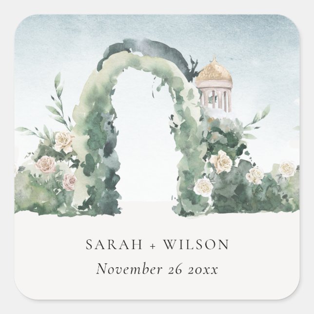 Pastel Floral Green Garden Arch Botanische Hochzei Quadratischer Aufkleber (Vorderseite)
