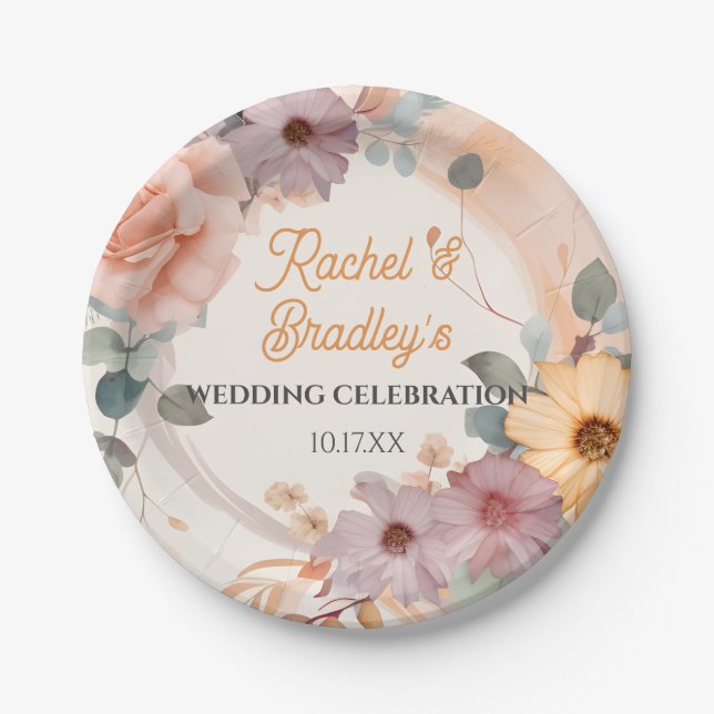 Pastel Floral Hochzeit Niedliche Rose Grüne anpass Pappteller (Vorderseite)