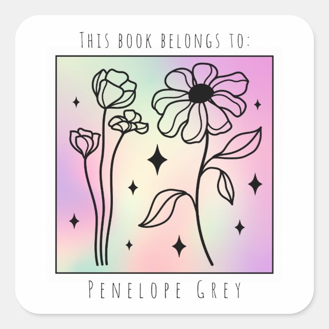Pastel Floral Hologram Square Buchplatte Quadratischer Aufkleber (Vorderseite)