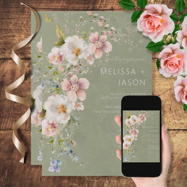 Pastel Floral Modern Green Wedding Einladung (Von Creator hochgeladen)