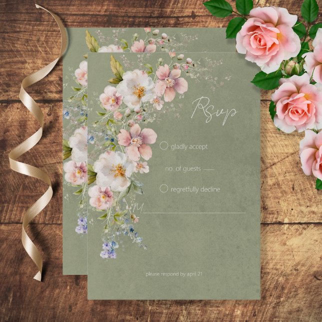 Pastel Floral Modern Green Wedding RSVP Karte (Von Creator hochgeladen)