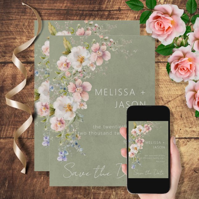 Pastel Floral Modern Green Wedding Save The Date (Von Creator hochgeladen)